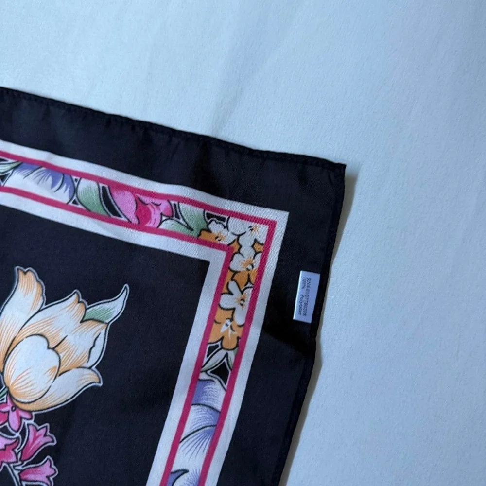 Vintage black floral scarf with pink tulip print oversized statement scarf